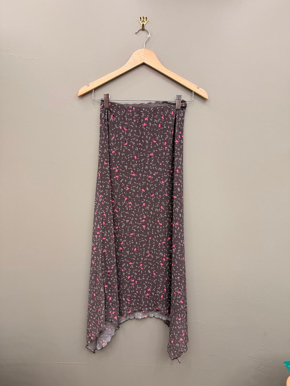 Love, Fire Floral Maxi Skirt XS Gray Pink Rose Asymmetrical Hem Fairycore